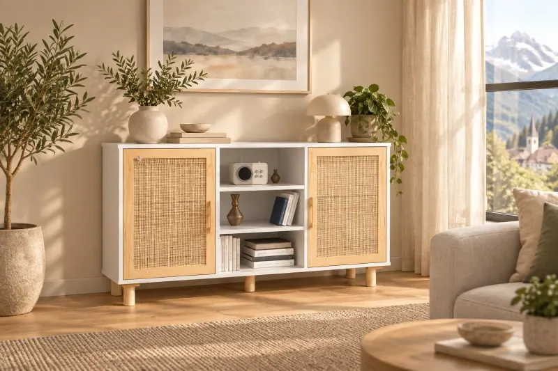Alva Home Wohnidee mit cremefarbenem Sofa, Juteteppich und Rattan-Sideboard