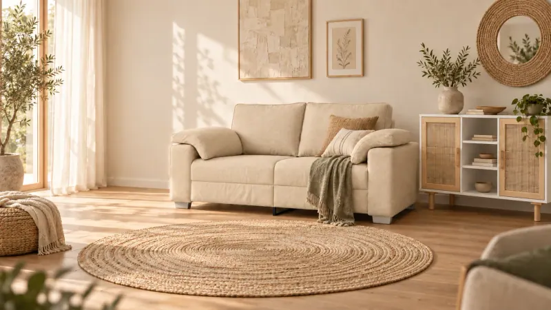 Alva Home Wohnidee mit cremefarbenem Sofa, Juteteppich und Rattan-Sideboard